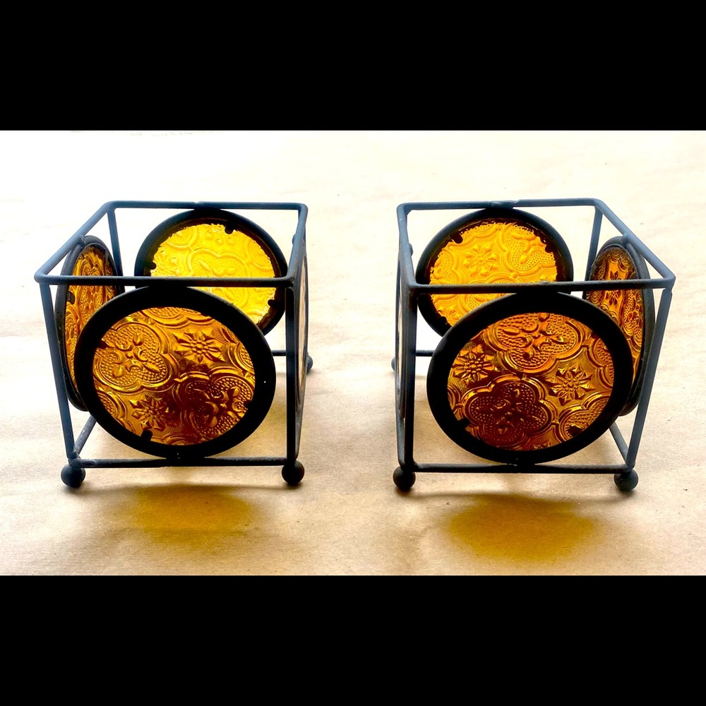 Two Gorgeous Vintage Amber Etched Glass and Wrought Iron Tealight Holders